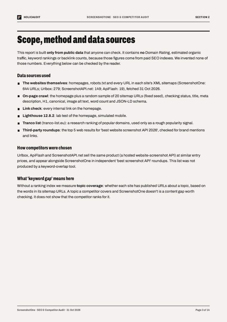 Sample report page 3, scope and data sources